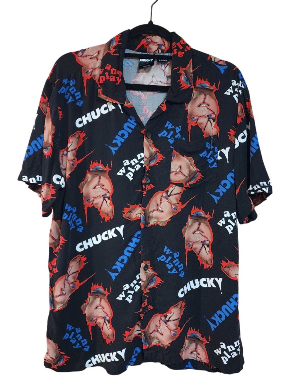 Chucky Shirt Black Wanna Play Chucky Horror Button Up Graphic Mens Size L